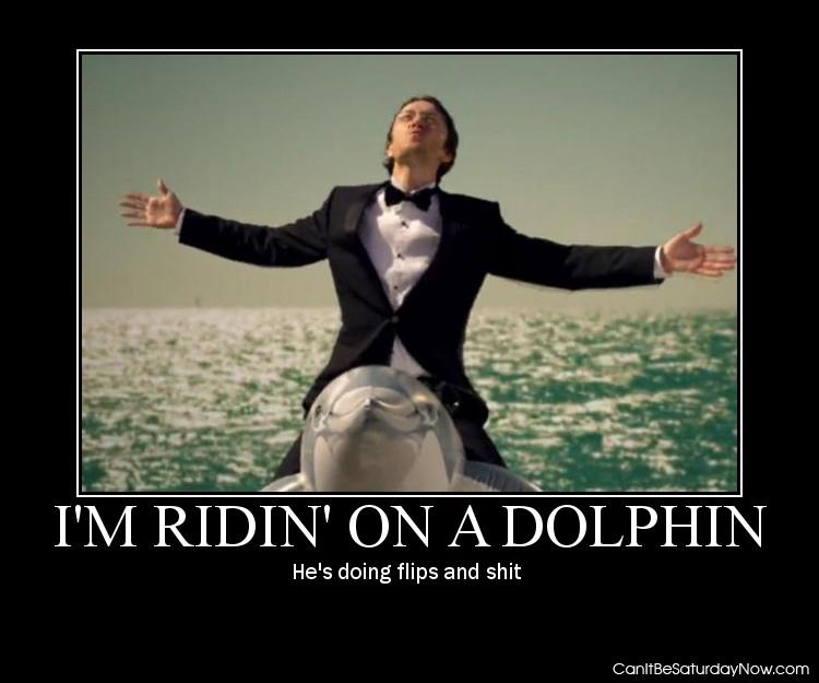 Riding a dolphin - hes doing flips and shit